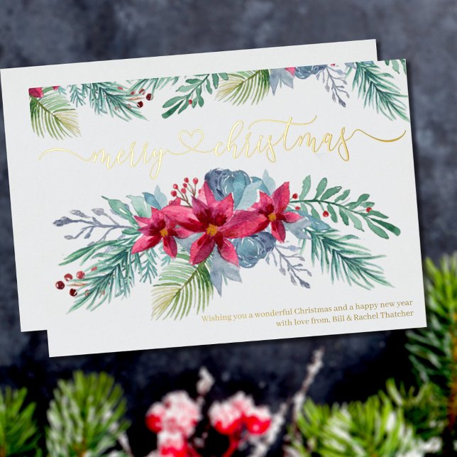 Winter Foliage Poinsettia Watercolor Garland Gold Foil Holiday Card (Creator Uploaded)