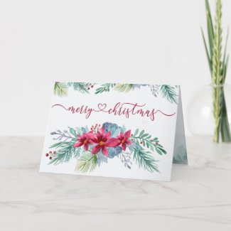 Winter Foliage Poinsettia Watercolor Garland Holiday Card