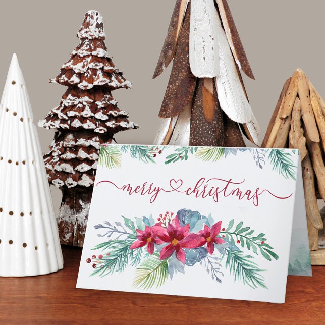 Winter Foliage Poinsettia Watercolor Garland Holiday Card (Poinsettia Christmas Card. Buy professionally printed or as a printable digital download.)