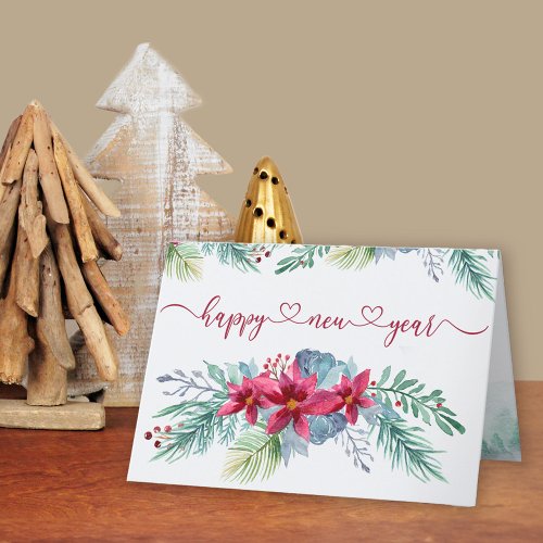 Winter Foliage Poinsettia Watercolor New Year Holiday Card