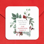 Winter Foliage Red Cardinal Custom Merry Christmas Square Sticker<br><div class="desc">Beautiful,  elegant and simple custom holiday sticker featuring a nature-inspired watercolor of a red cardinal and seasonal winter foliage framing your Christmas greeting and your family name.</div>