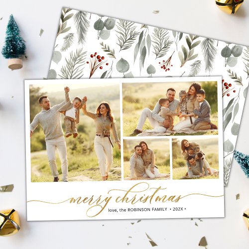 Winter Foliage Script 4 Photo Collage Christmas  Holiday Card