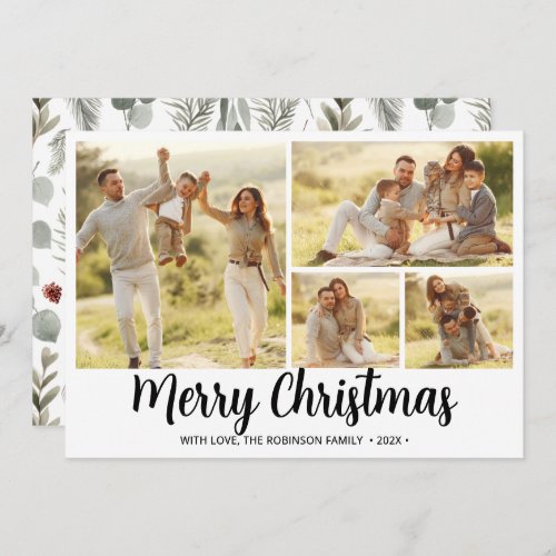Winter Foliage Script 4 Photo Collage Christmas  Holiday Card