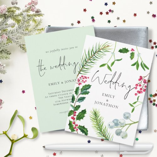 Winter Foliage Script Christmas Wedding Invitation