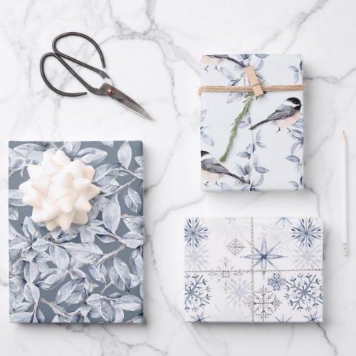 Winter foliage snowflake bird gray blue pattern wrapping paper sheets