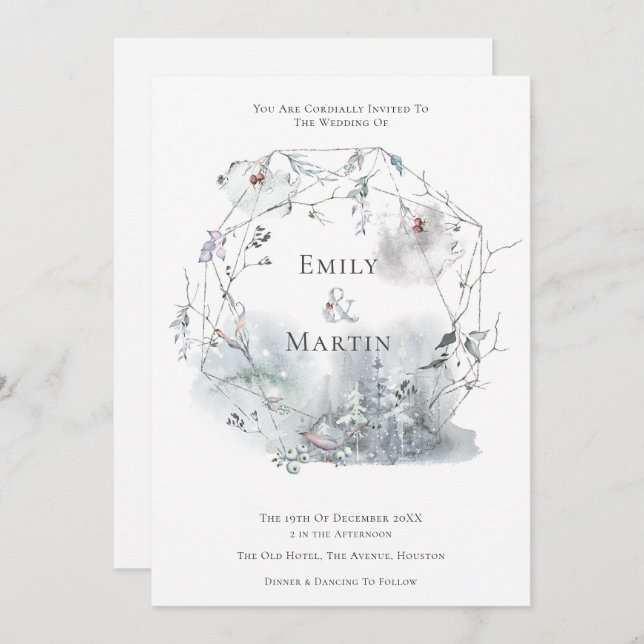 Winter Foliage Watercolor Berries Leaf Wedding Invitation (Front/Back)