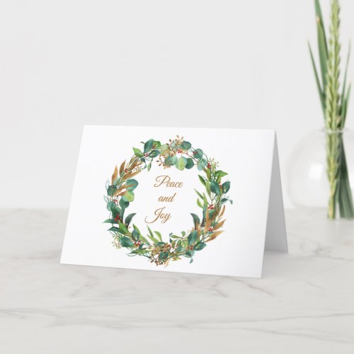 Winter Foliage Watercolor Wreath with Berries Holiday Card