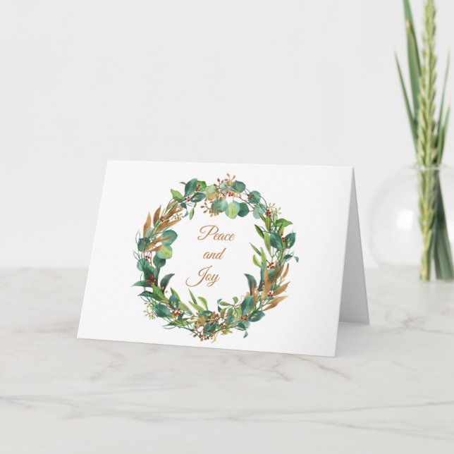 Winter Foliage Watercolor Wreath with Berries Holiday Card (Front)