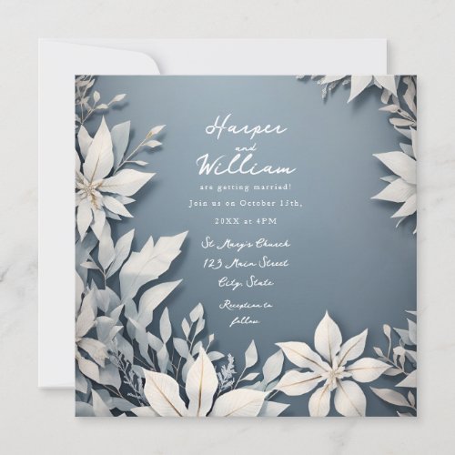 Winter foliage white and blue wedding invitation