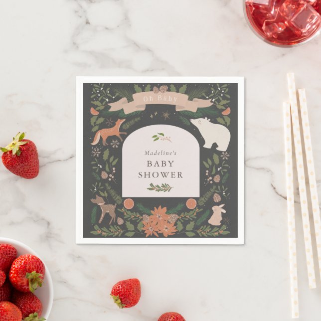 Winter Foliage Woodland Animals Navy Baby Shower Napkins (Insitu)