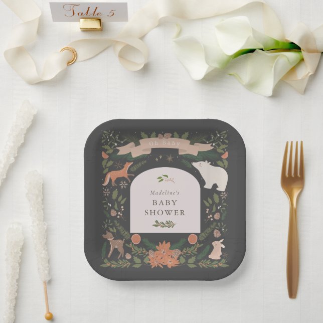 Winter Foliage Woodland Animals Navy Baby Shower Paper Plates (Wedding)