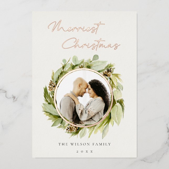 Winter Foliage Wreath Merriest Photo Christmas Foil Holiday Card (Front)