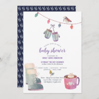 Winter Folk Art Baby Shower Invitation Purple blue