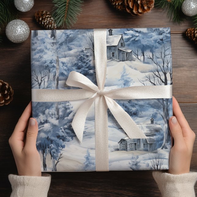 Winter Forest and a Barn Christmas  Wrapping Paper Sheets (Creator Uploaded)