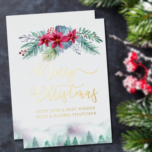 Winter Forest and Poinsettia Watercolor Gold Foil Holiday Card