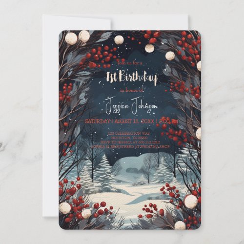 Winter Forest and Red Berries 1st birthday Invitation