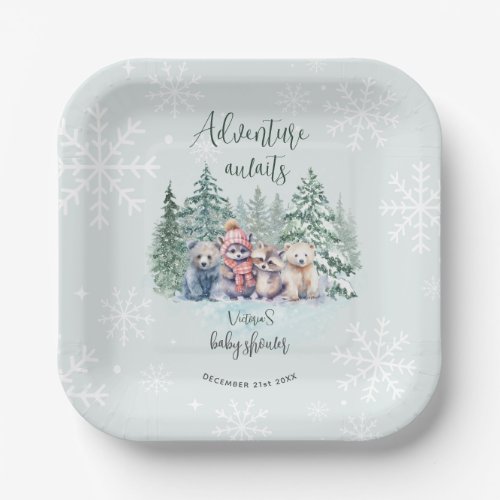 Winter Forest Animals In Snow Baby Shower Paper Plates