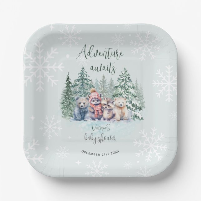 Winter Forest Animals In Snow Baby Shower Paper Plates (Front)