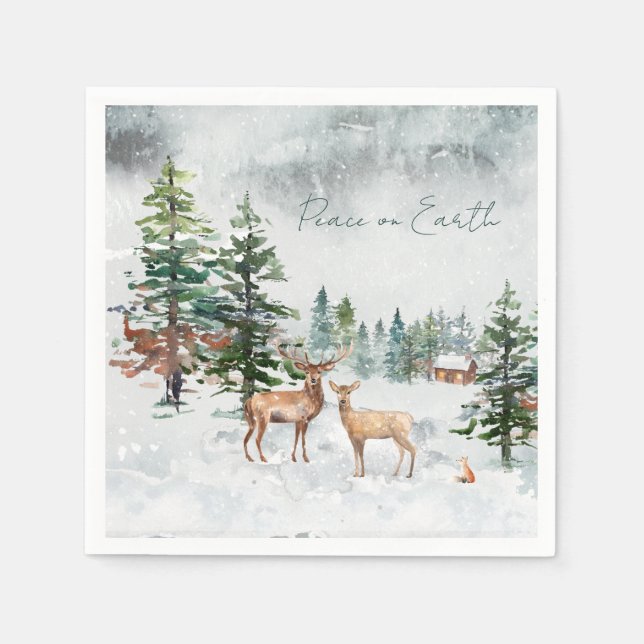 Winter Forest Animals Peace On Earth Christmas Napkins (Front)