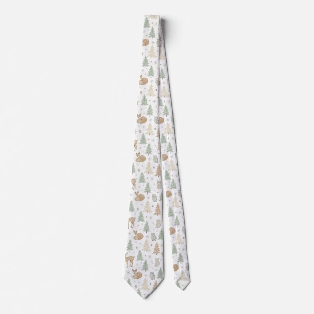 Winter Forest Animals Seamless Pattern Neck Tie (Front)