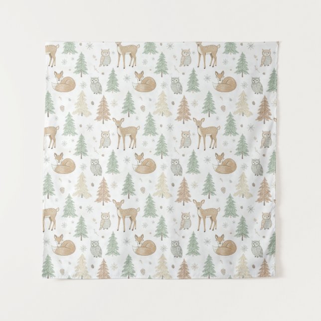 Winter Forest Animals Seamless Pattern Tapestry (Front)