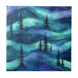 Winter Forest Aurora Pattern Ceramic Tile
