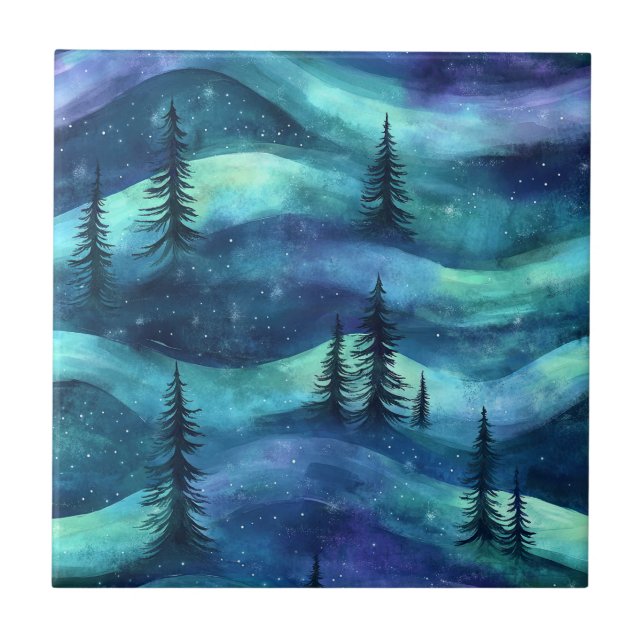 Winter Forest Aurora Pattern Ceramic Tile (Front)