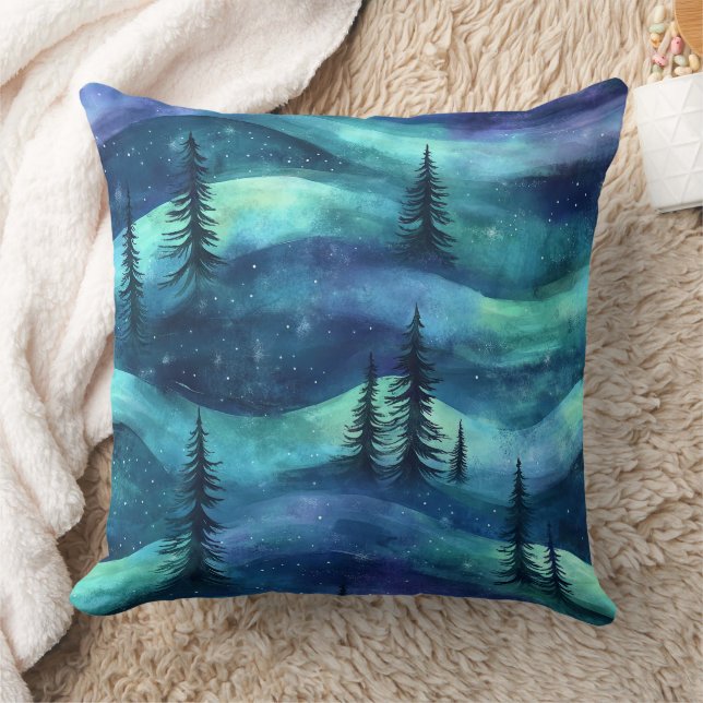 Winter Forest Aurora Pattern Throw Pillow (Blanket)