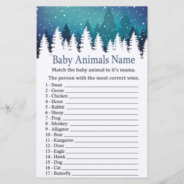 Winter Forest Baby Animals Name Game baby shower (Front)