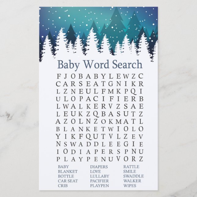 Winter Forest Baby Shower Word Search Game (Front)