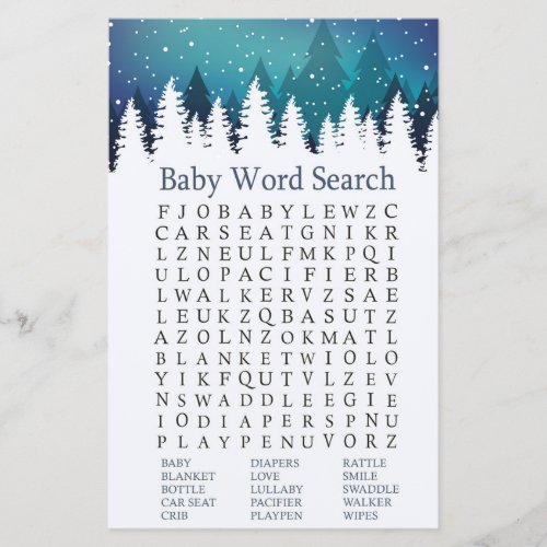 Winter Forest Baby Shower Word Search Game