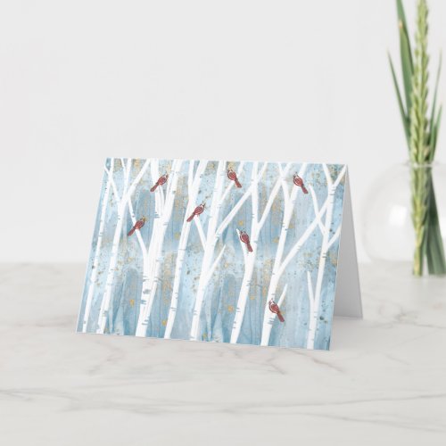 Winter Forest Birch Trees  Red Cardinal Birds Holiday Card