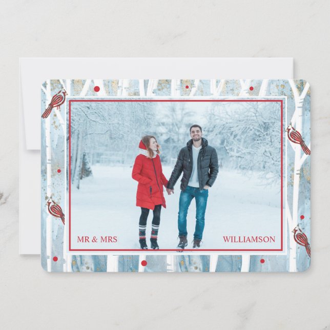 Winter Forest Birch Trees & Red Cardinal Photo Holiday Card (Front)