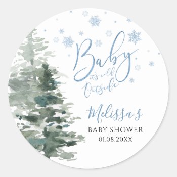 Winter Forest Blue It's Cold Outside Baby Shower Classic Round Sticker by printcreekstudio at Zazzle