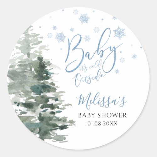 Winter Forest Blue Its Cold Outside Baby Shower Classic Round Sticker