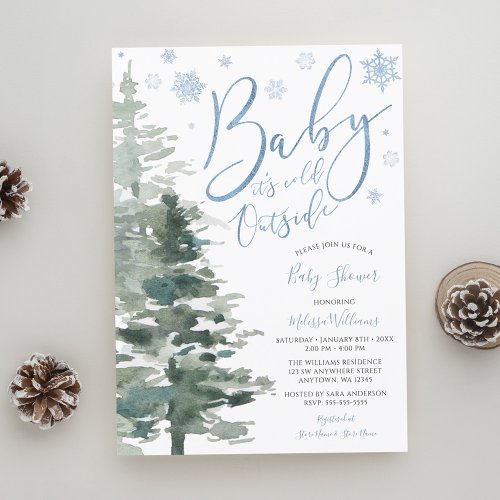 Winter Forest Blue Its Cold Outside Baby Shower Invitation