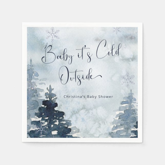 Winter forest blue it's cold outside baby shower napkins (Front)