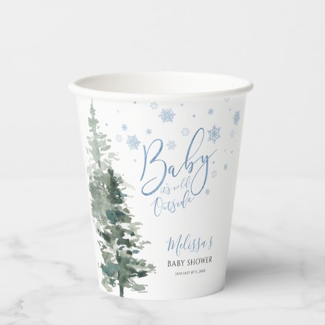 Winter Forest Blue It's Cold Outside Baby Shower Paper Cups (Front)
