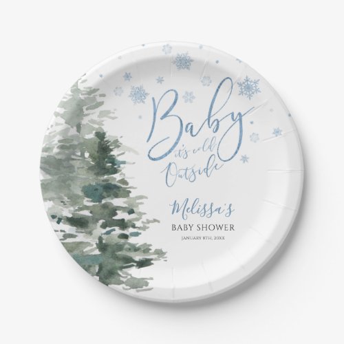 Winter Forest Blue Its Cold Outside Baby Shower Paper Plates