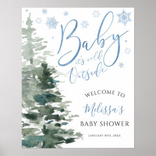 Winter Forest Blue It's Cold Outside Baby Shower Poster
