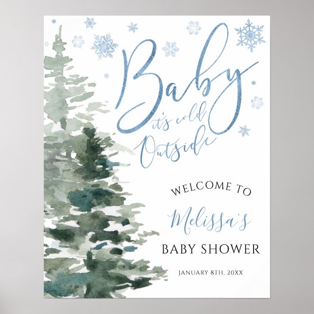 Winter Forest Blue It's Cold Outside Baby Shower Poster (Front)