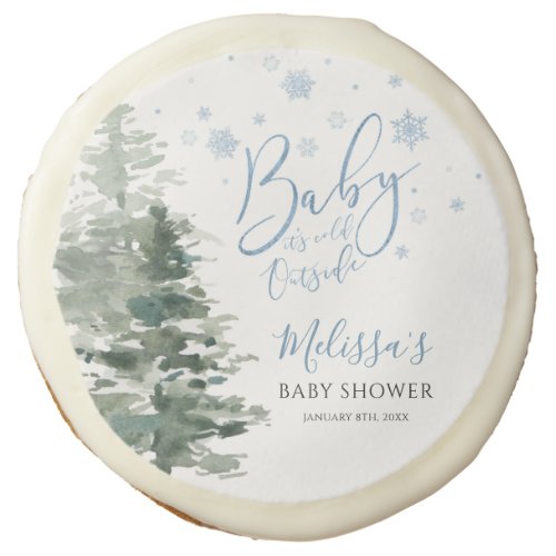Winter Forest Blue Its Cold Outside Baby Shower Sugar Cookie