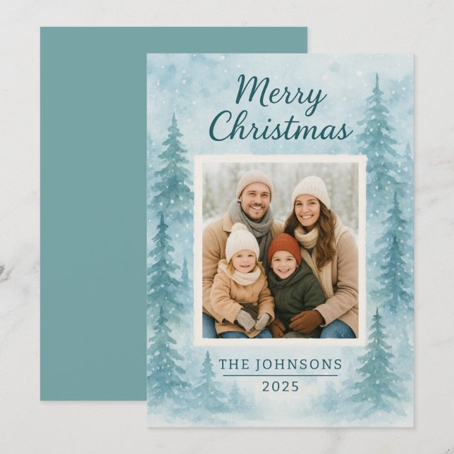 Winter Forest Blue One Photo Christmas Card (Front/Back)