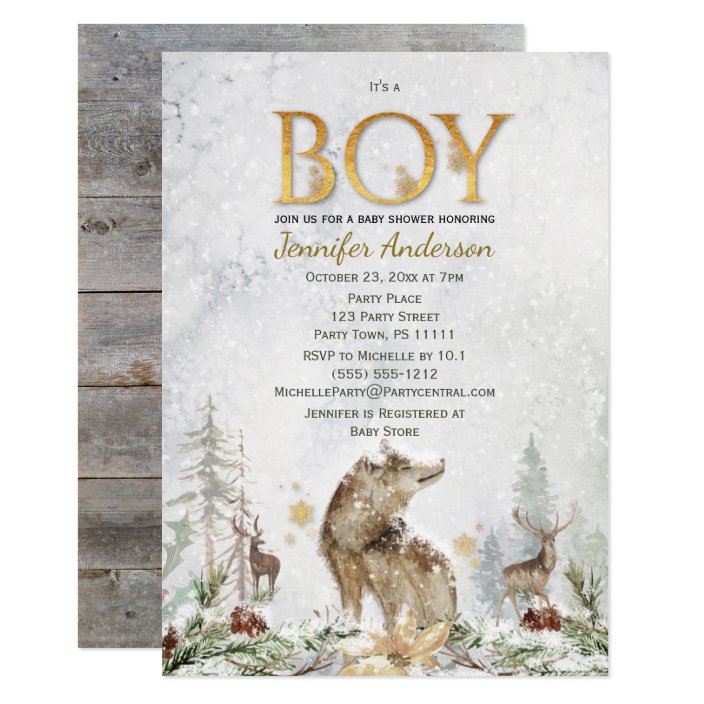 winter forest boy country wolf deer baby shower invitation  zazzle