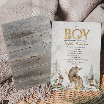 Winter Forest Boy Country Wolf Deer Baby Shower Invitation by MaggieMart at Zazzle