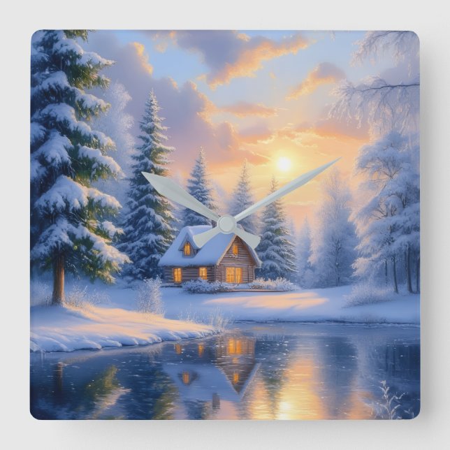 Winter Forest Cabin at Sunset Wall  Square Wall Clock (Front)