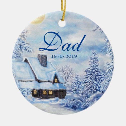 Winter Forest Cabin In Memory Dad Photo Christmas Ceramic Ornament