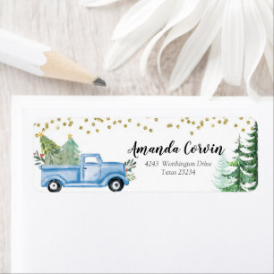Winter Forest Christmas Blue Truck Label