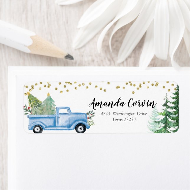 Winter Forest Christmas Blue Truck Label (Insitu)