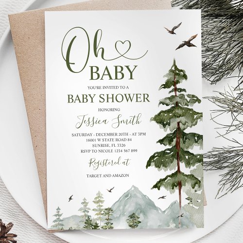 Winter Forest Christmas Greenery Baby Shower Invitation